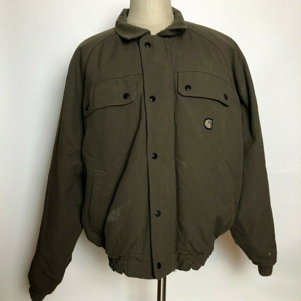 VTG Carhartt Olive Green Distressed Insulated Jacket Construction Size XL Work